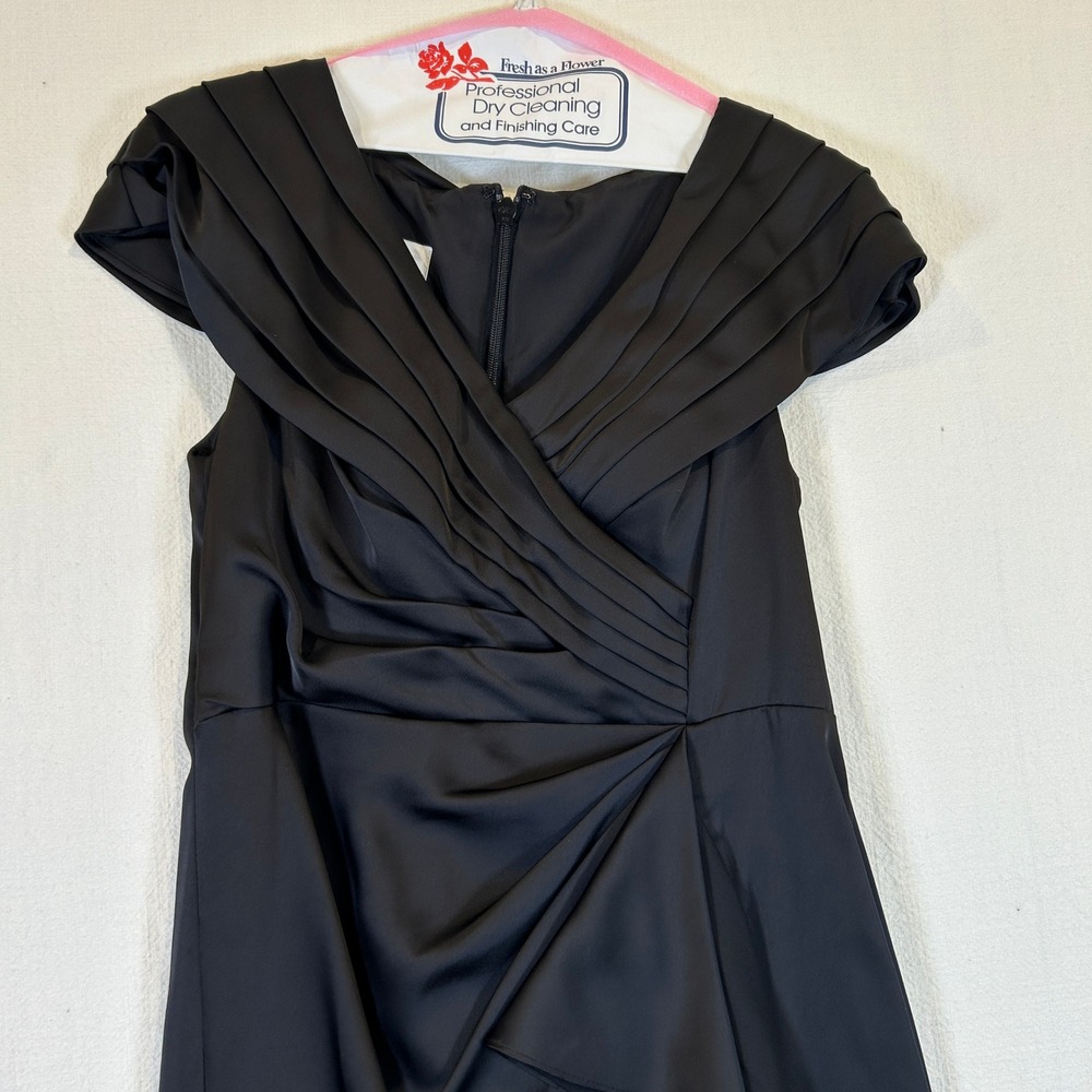Azazie Wisteria A-Line Pleated Stretch Satin Dress Black Cap Sleeve Ruffle A12